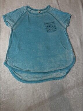 Seven7 T Shirt Womens L Large Teal Dyed Studded Rhinestone Pocket (2162)
